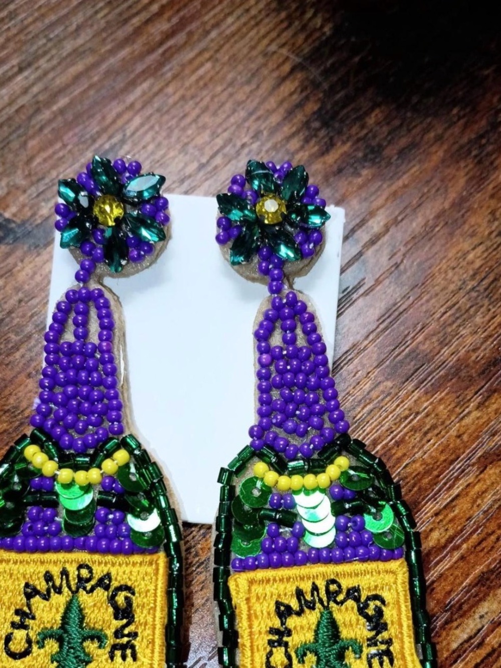Beaded Purple & Green Kids Mardi Gras Bottle Earrings